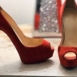 Christian Louboutin Red Suede Peep-Toe Platform Pumps size 37